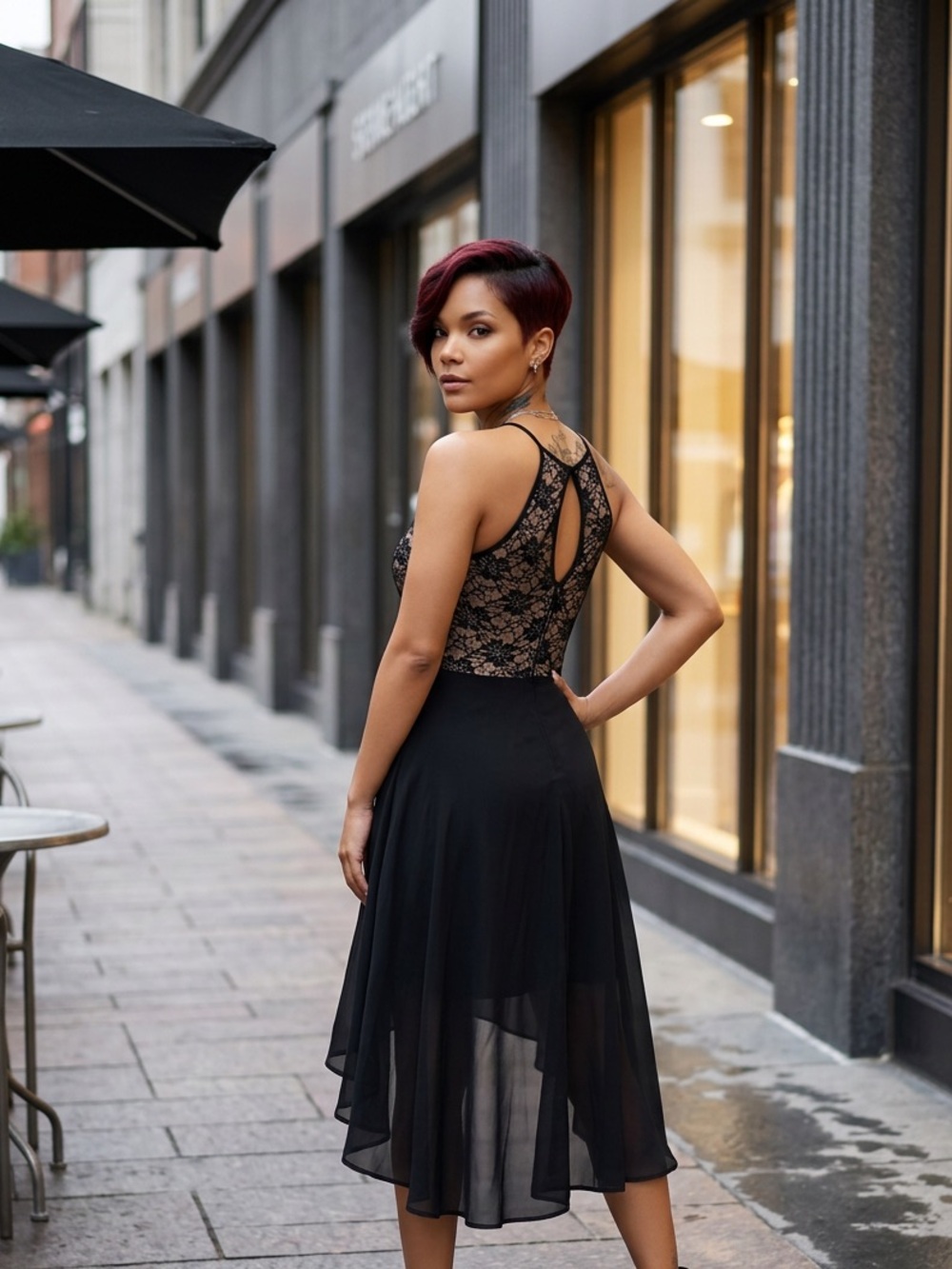 Emerald Sundae Black Lace High-Low Midi Dress☑️ - Picture 3 of 6